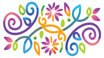 Fototapeta premium Colorful floral design with spirals leaves and flowers in a symmetrical arrangement on a white background