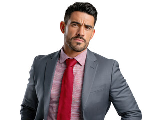 Focused Businessman: A sophisticated businessman, dressed in a tailored suit and tie, projects confidence and focus, hinting at the intensity of professional challenges and the pursuit of goals.