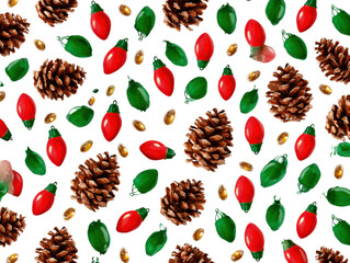 Holiday Cheer: A festive scattering of pine cones, Christmas lights, and decorative accents creates a vibrant holiday pattern, perfect for seasonal celebrations and cheerful designs.