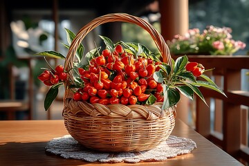 Red fruits and wheat arrangement high resolution photo