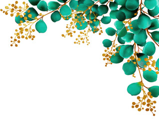 Botanical Beauty: An elegant botanical illustration showcases the natural allure of eucalyptus branches with verdant leaves and delicate golden accents.