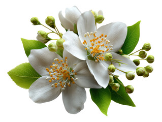 Jasmine Blossoms in Full Bloom: Delicate white jasmine flowers with vibrant yellow centers and lush green leaves in a close-up studio shot, a visual symphony of purity and natural elegance.