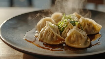 Steaming Plate of Delicious Dumplings Garnished with Green Onions