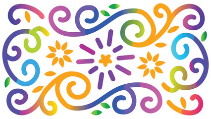 Fototapeta premium Colorful floral design with swirls and starburst pattern on a white background creating a vibrant artwork