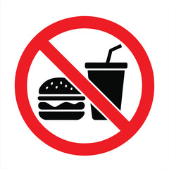 No fast food icon symbol, with red prohibition circle and cross showing burger and soda for unhealthy eating or food restriction concept vector illustration

