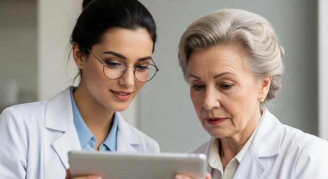 A young doctor and an elderly patient look at a tablet together during a medical consultation