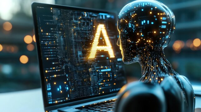 AI Artificial Intelligence and machine learning concept. Businessman working on laptop computer with AI analyzing big data on virtual interface, data science, Business Intelligence