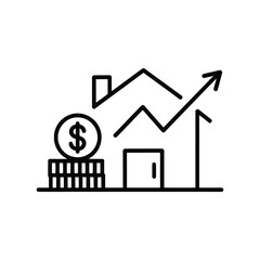 Rising property value concept with minimal house line art, growth arrow above roof, and stacked coins with dollar symbol for investment theme