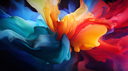 Abstract depiction of colorful swirling smoke with shades of blue orange red and yellow hues in motion