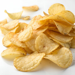 Crispy golden potato chips scattered neatly, isolated on white background.