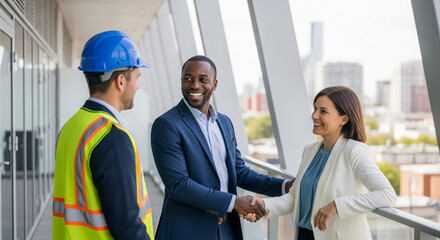 A construction worker shakes hands with business professionals on a balcony