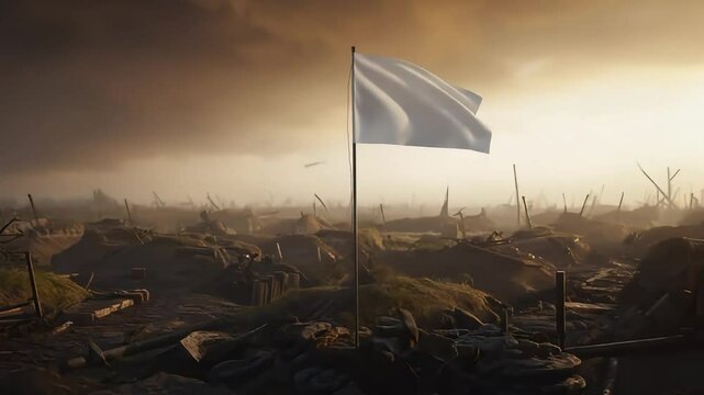 A desolate battlefield at sunset with a white flag symbolizing surrender amidst ruins