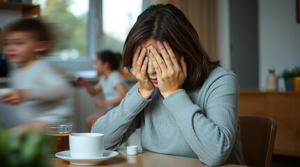 A tired adult mother holds her head in her hands because she wanted to calmly drink coffee in a mug and tea nearby, but children are running around