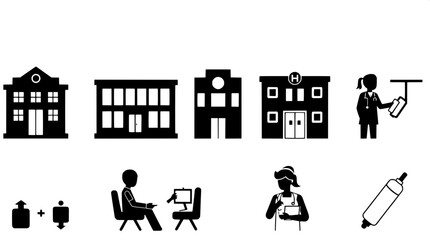 "Flat glyph-style icons of healthcare services. Includes clinic building, doctor consultation, hospital room, operation theatre, nurse assistance, and vaccination. Silhouette black on transparent back