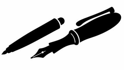 Illustration of a black fountain pen with its cap removed and placed beside the pen on a white background