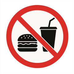 No fast food and drink sign with burger and soda cup icon inside red prohibition circle isolated on white background for health and diet restriction concepts vector illustration

