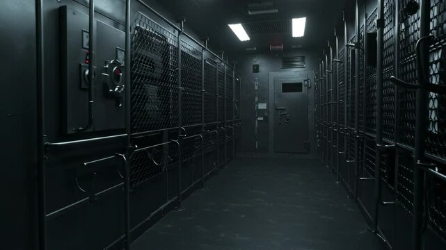 Interior of armored cash transport vehicle. Empty and secure cargo space with reinforced walls and metal mesh. Suitable for banking, transport security, and financial logistics footage.