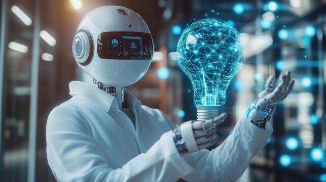 AI chatbot intelligent digital customer service: Artificial intelligence automatically responds to online messages to help customers instantly. Businessman holding light bulb with chatbot icon.