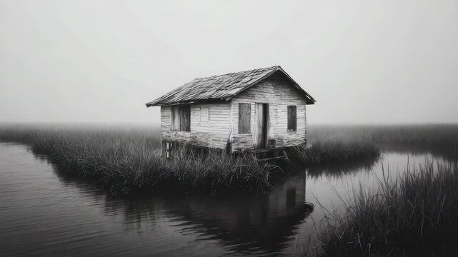Weathered shack reflected in dark water, reeds and fog