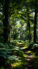 Fototapeta premium Tranquil Woodland Escape: A Sun-dappled Forest Path Through Lush Green Trees and Whispering Leaves