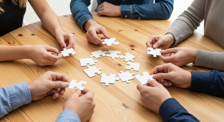 Several peoples hands are shown assembling white puzzle pieces arranged in a circle on a wooden table