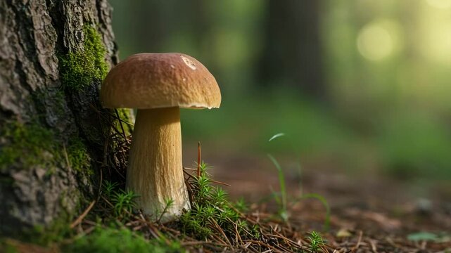 Boletus edulis mushroom growing near tree trunk in pine forest, macro close-up. Natural woodland background, early autumn morning. Ideal for nature, foraging, and forest ecosystem themes.