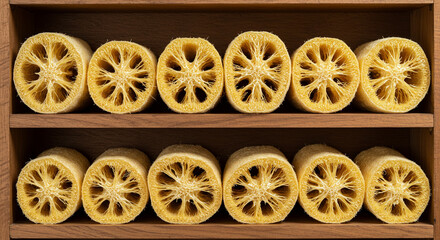 Textured Cross-Sections of Dried Luffa Plant Sponges Arranged on Rustic Wood Shelves