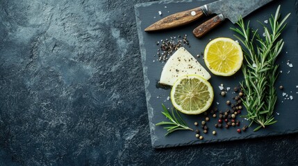 Fresh Cheese with Lemon Slices and Herbs on Slate Board