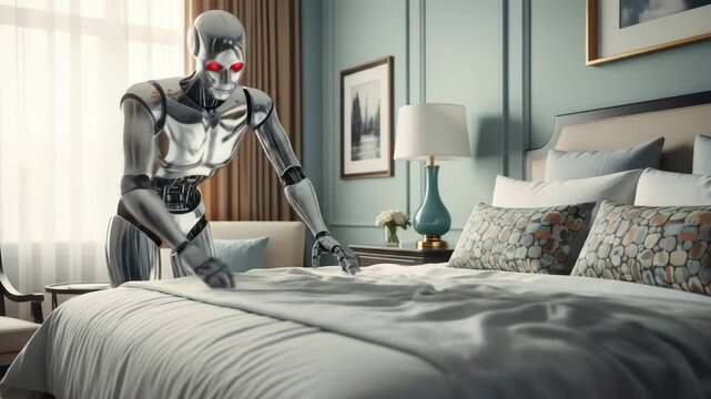 Metallic Robot Making Bed In Modern Blue Bedroom