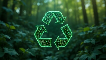 Recycling symbol composed of micro-circuits and eco-nanotech with a sustainable background
