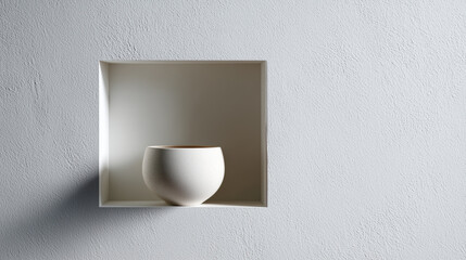 モダンな住宅の壁面装飾に置かれた白い陶製ボウル | 立体的な陰影