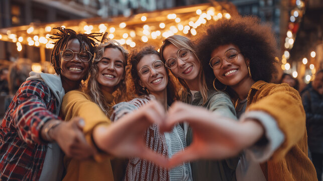A diverse group of friends standing in front, posing and smiling while holding hands forming a heart shape with their fingers, hugging each other on a city street at sunset