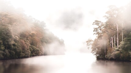 Misty forest reflected in calm water