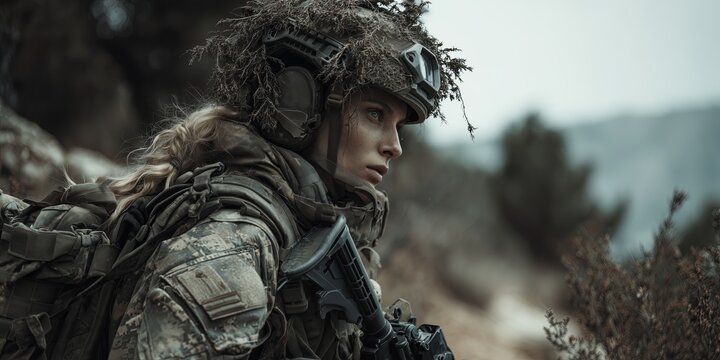 A woman, female soldier in camouflage gear and helmet is crouched in a natural setting, looking focused. The detailed gear and intense expression evoke a sense of readiness and determination. - Powered by Adobe