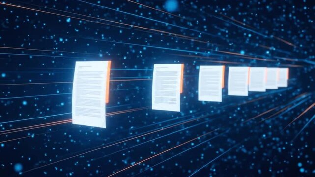 A digital representation of documents floating in a network, symbolizing data transfer, cloud computing, and information technology