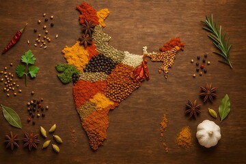 India map made of colorful spices, ethnic food concept with cultural and aromatic ingredients, symbolic traditional Indian cuisine, artistic culinary art representing Indian culture and heritage.