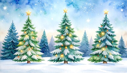 Fototapeta premium Watercolor Christmas trees in snowy landscape