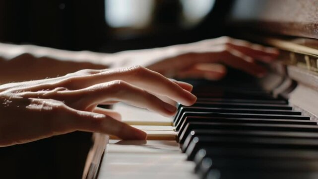 Piano Performance: A close-up perspective of a person's hands gracefully dancing across a piano keyboard. The image captures the beauty and skill of musical expression.