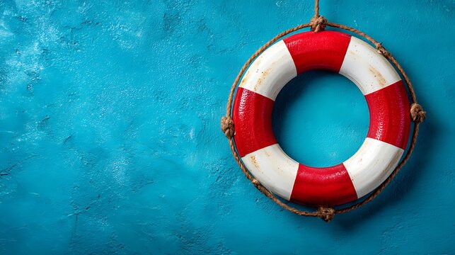 Hanging Life Preserver on Blue Textured Wall Safety at Sea