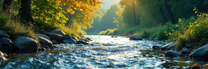 A multigenerational family's journey symbolized by a flowing river; representing life's currents and interconnectedness, from source to sea , kinship, flowing