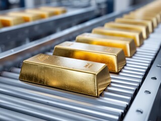 Gold bars move along a factory conveyor belt, shiny gold bars on a production line.