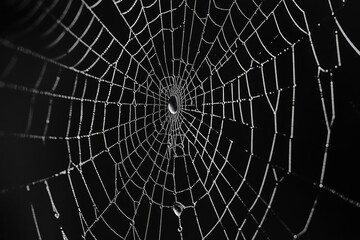 Obraz premium Dew-Covered Spiderweb: Intricate Nature, Black Background, Drops, Silk, Threads, Design, Macro, Water, Pattern, Texture