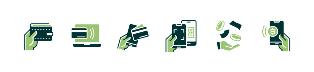 simple hand holding mobile online payment icon set business cashless wallet purchase transaction signs vector illustration financial digital scan code money transfer symbol design
