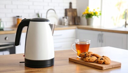 Obraz premium Modern electric kettle with glass cup of hot tea and sweet cookies on wooden table in kitchen