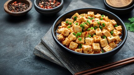 Delicious Mapo Tofu in a Bowl on a Dark Stone Background