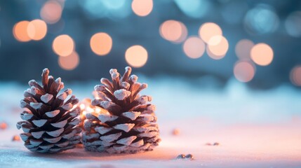 Frosted Pinecones on Snow with Warm Bokeh Lights Background