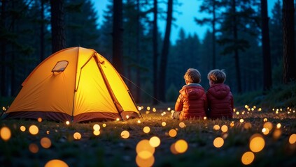 Two Children Camping by a Glowing Tent Surrounded by Warm Outdoor Lights