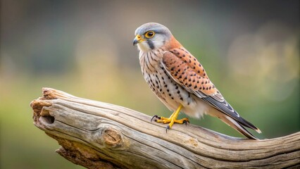 Naklejka premium A small falcon perched on weathered driftwood, showcasing its vibrant plumage against a soft-focus natural background