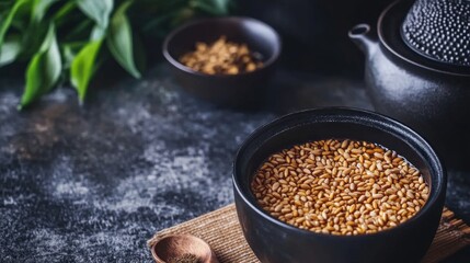 Minimalist Japanese Cold Barley Tea Setup with Ingredients and Teaware