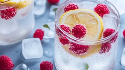Refreshing Cold Lemonade with Raspberries and Ice Cubes